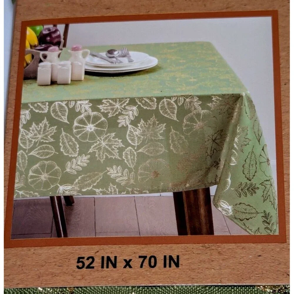 Harvest Green Metallic Gold Autumn Leaves Tablecloth 52 X 70-inch Polyester NEW